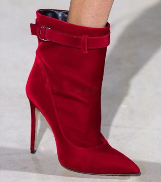 

form black red of velvet ankle buckle booties pointed toe stiletto heel slide in short female boots high heels in53
