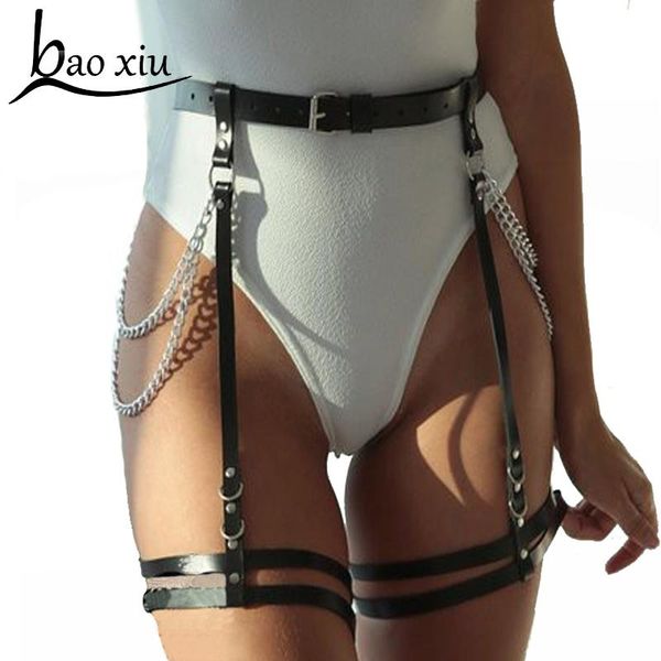 

new vintage women garter leather belt body silver tassel chain bondage punk harness corset waist belt straps accessories, Black;brown
