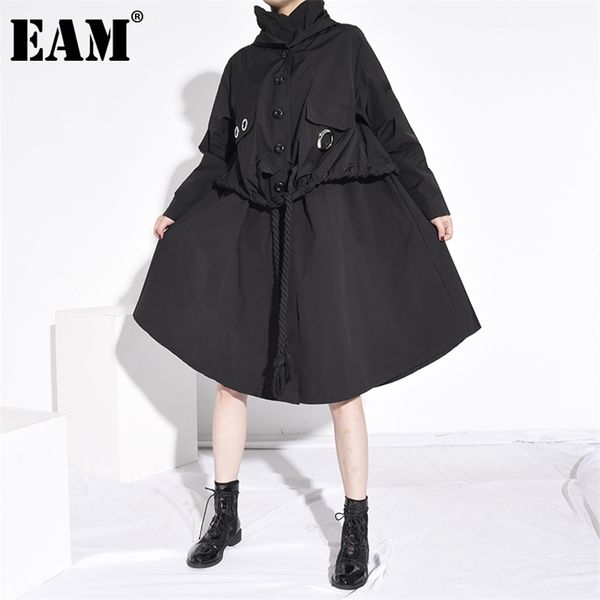 

[eam] women black drawstring big size trench new hooded long sleeve loose fit windbreaker fashion tide spring autumn 1z504 201031, Tan;black