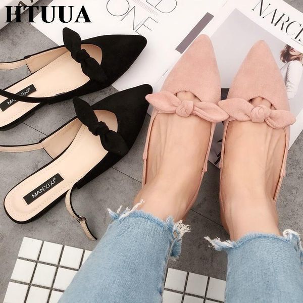 

htuua korean fashion bow lace-up pointed toe flock flat shoes women sandals 2019 spring summer female shoes sx21601, Black