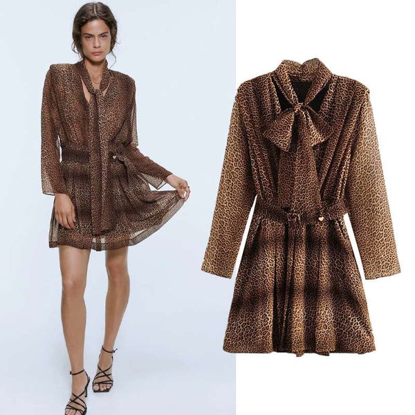 

v-neck tie embellishment long sleeve with belt leopard print women's dress, Black;gray