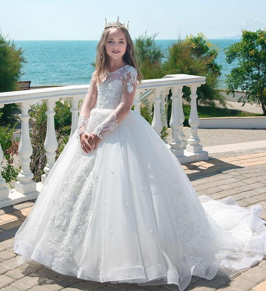 

scoop neck long sleeves lace flower girl dresses for wedding beaded appliques sweep train first communion dresses baptism pageant gowns, White;blue