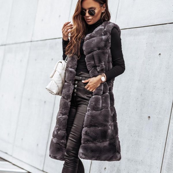 

women's fur & faux fashion winter coat ladies solid color gilet vest warm o-neck furs long jacket sleeveless outwear chaquetas mujer, Black