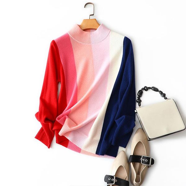 

autumn winter new style half turtleneck long sleeve rainbow 100% cashmere sweater for women, White;black