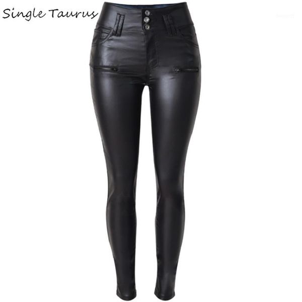 

2020 high waist skinny jeans femme imitation leather slim black jeans women pu lederhosen joker fashion fake zippers pants1, Black;white