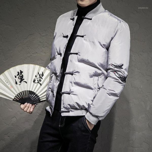 

chinese style casual men warm coat parka fashion embroidery short jackets and coats pockets buttons thick overcoat1, Tan;black