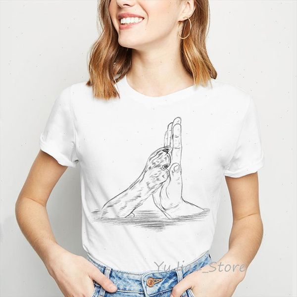 

dog paw and human hand drawing tshirt women dog lover shirt woman clothes summer female vintage 90s t shirt t shirt femme, White
