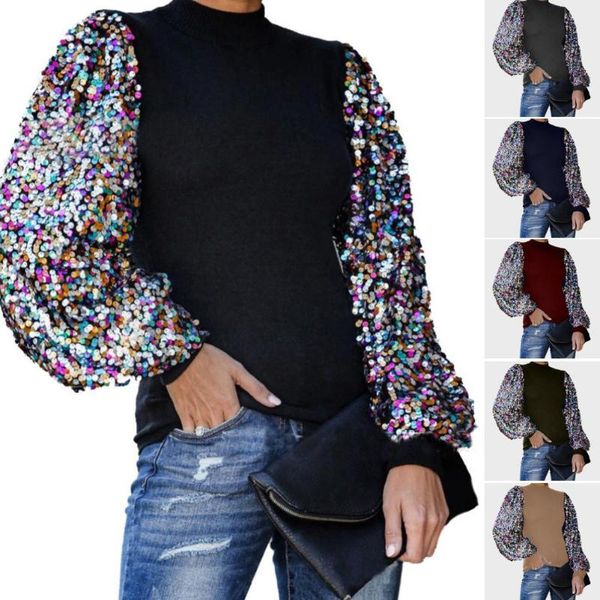 

women's sequins patchwork long puff sleeve blouse shirt 2021 new fashion elegant slim polka dot puff round neck blouse, White