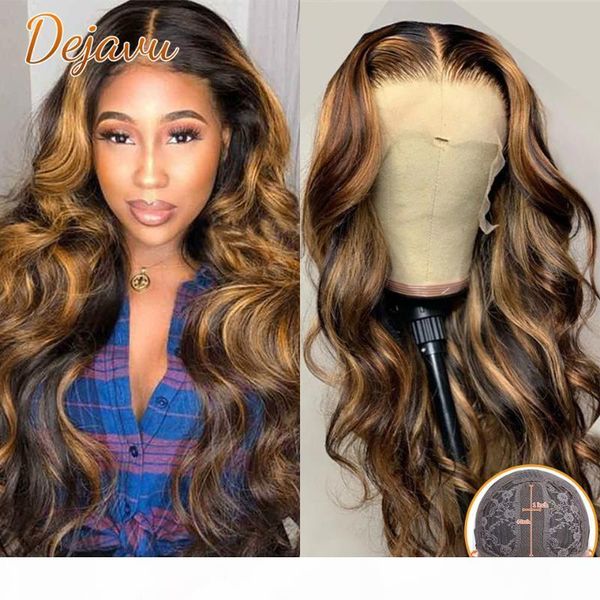 

dejavu 4 27 highlight human hair wigs honey blonde body wave wig brazilian ombre brown remy pre plucked part lace for women, Black;brown