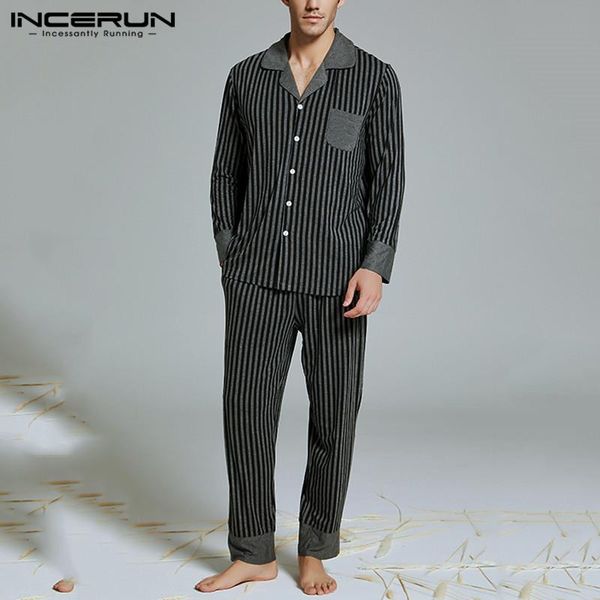 

fashion men striped pajamas set homewear long sleeve lapel sleepwear cozy long pants autumn nightwear sets mens clothes incerun, Black;brown