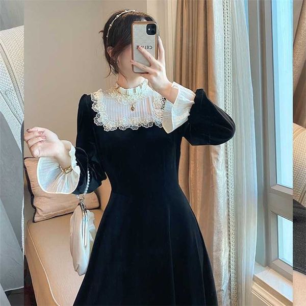 Francês retro preto midi dres elegante vestido coreano outono slim laço noite festa veludo vestido feminino bonito 211221