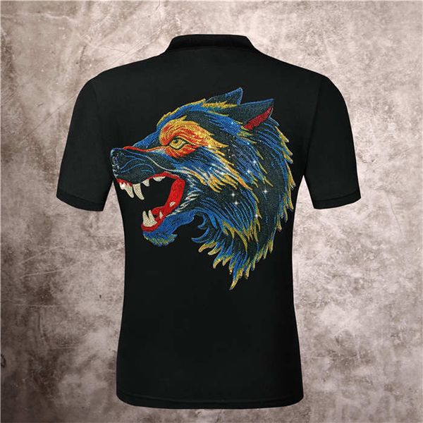 

new casual short creative men's pp skull head fashion t-shirt wolf head large pattern printing drill cotton lapel short sleeve street s, White;black