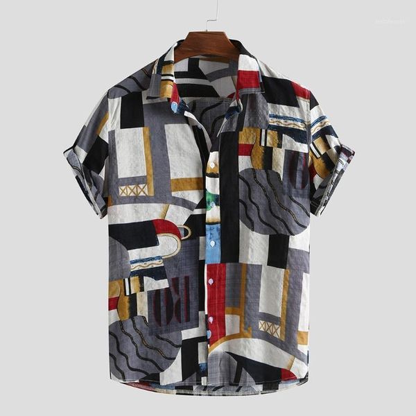 

38# men's shirt fashion spring summer shirt mens ethnic style summer short sleeve loose buttons casual blouse 1, White;black
