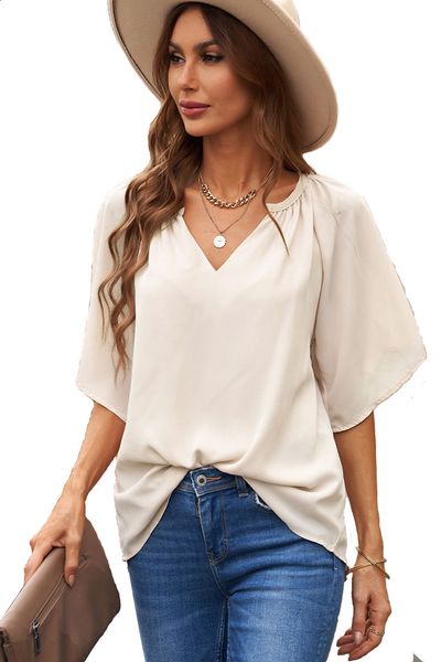 

women's v-neck half sleeve loose ladies t-shirt 25112686, White