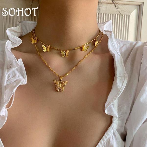 

chokers so europea trendy butterfly pendant double layer women choker necklace chic charming gold color female wedding jewlelry, Golden;silver