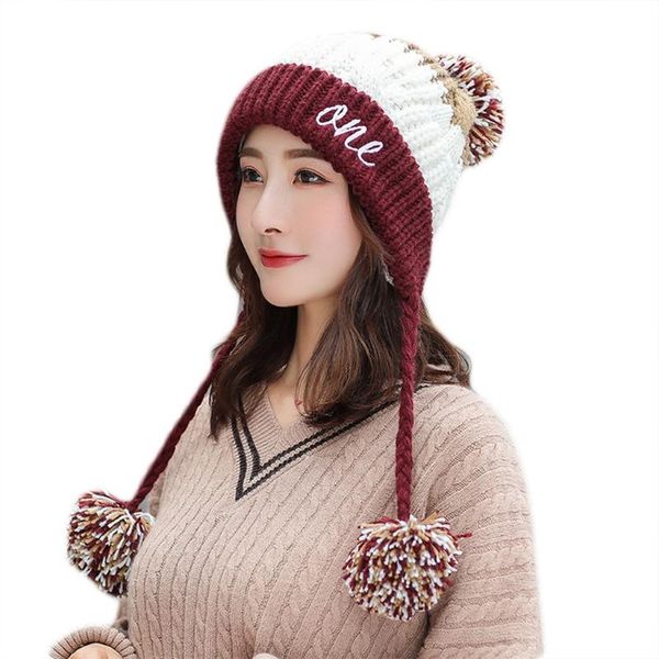 

women winter chunky knit contrast color beanie hat letters embroidery thick plush lined cute pompom earflap trapper cap, Blue;gray