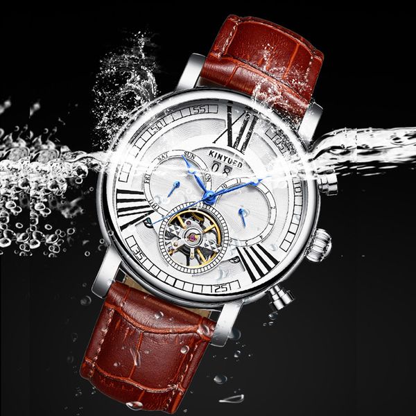 

kinyued brand luxury mens watches tourbillon skeleton watch men automatic mechanical wrist watch gents military horloges man, Slivery;brown
