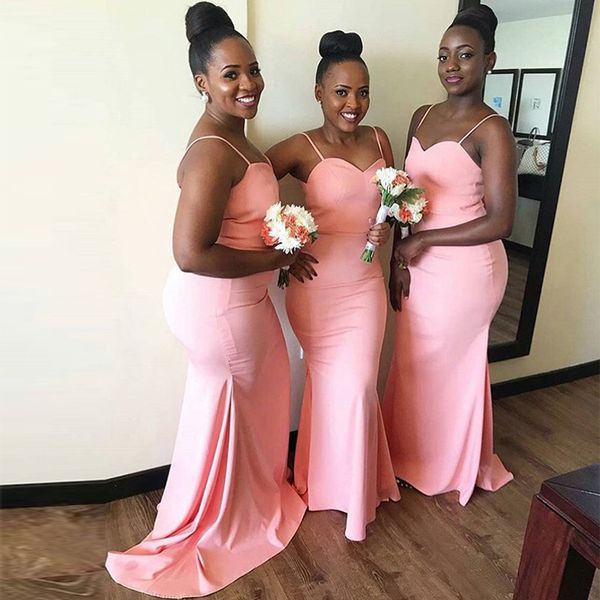 

spaghetti strap mermaid bridesmaid dresses long plus size sweep train satin maid of the honor dress formal evening gowns, White;pink