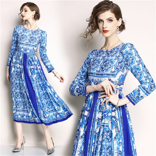 Neues europäisches Boho-Langarm-Vintage-Kleid mit blauem und weißem Druck für Damen im europäischen Stil, Marken-Maxikleid, Partykleider LJ200824263N