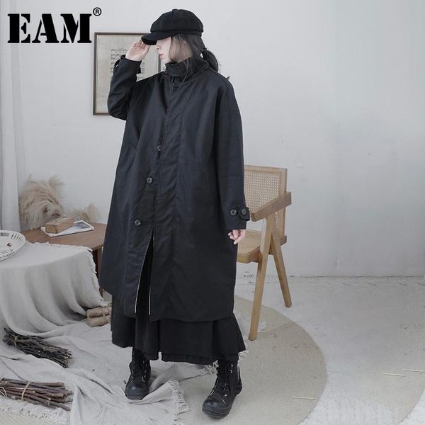 

women's trench coats [eam] women big size zipper long lapel sleeve loose fit windbreaker fashion tide spring autumn 2021 1dd0206, Tan;black