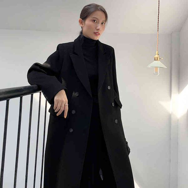 

women's wool & blends [eam] loose double breasted long woolen coat parkas notched collar sleeve women fashion autumn winter 2022 1dd389, Black