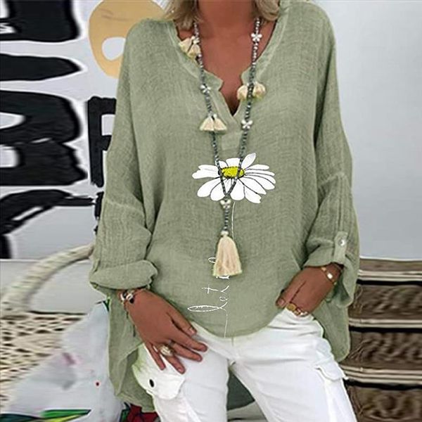 

5xl casual women v neck linen cotton blouse shirt elegant daisy print female spring autumn long sleeve loose blusa pullover, White