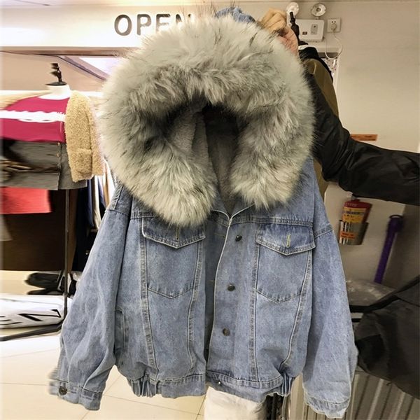 

women's denim jacket with fur winter jeans hooded velvet coat female faux fur collar padded warm jackets bomber windbreake 201027, Black;brown