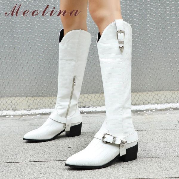 

boots meotina western women shoes pointed toe thick heels knee high buckle zipper long autumn winter white golden 431, Black