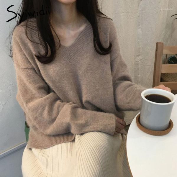 

syiwidii oversize sweater women ribbed knitted v neck loose pullovers casual solid autumn winter clothes women green pink black1, White;black