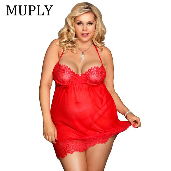 

2020 sexyy babydoll lingerie erotic women red lace plus size costume sleepwear dress transparent hollow-out chemise underwear