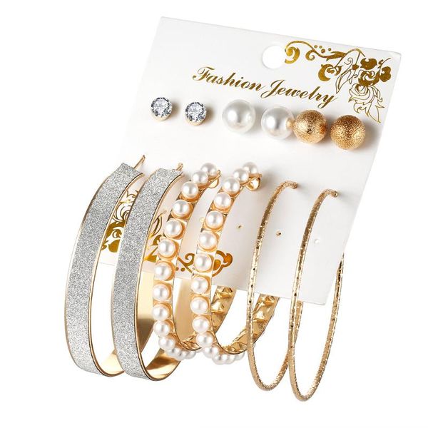 

hoop & huggie 6 pairs/set korean style fashion imitation pearl crystal bowknot earrings exaggerated scrub big circle 2021 arrive, Golden;silver