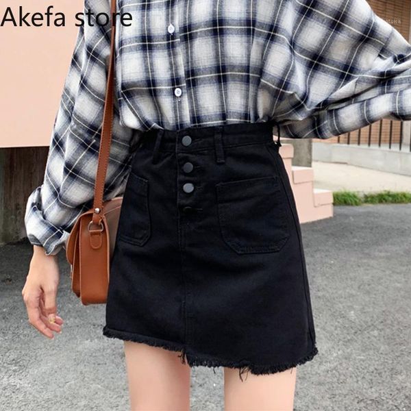 

skirts women solid mini high waist skirt denim comfortable womens korean style pockets button females ulzzang casual slim chic1, Black