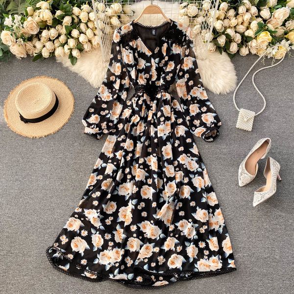 

2021 new singiny feminine chiffon floral long autumn retro puff neck the line dressed chic bow boho dress print j2sw, Black;gray