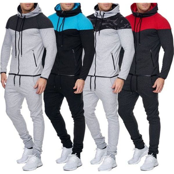 

mens splicing sports sets fashion trend long sleeve zipper hooded sweatshirt pant suits designer man spring slim casual running tracksuits, Gray