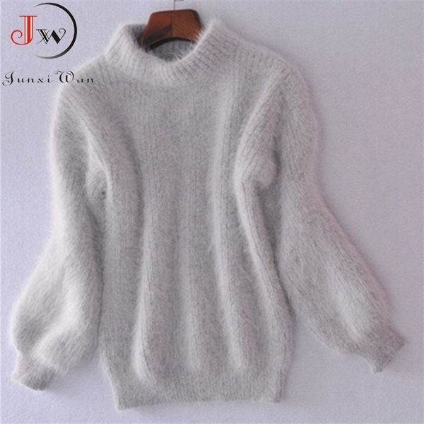 

white mohair thicken turtleneck sweater autumn winter sweet fashion lantern sleeve casual solid color pullover pull femme q1217, White;black