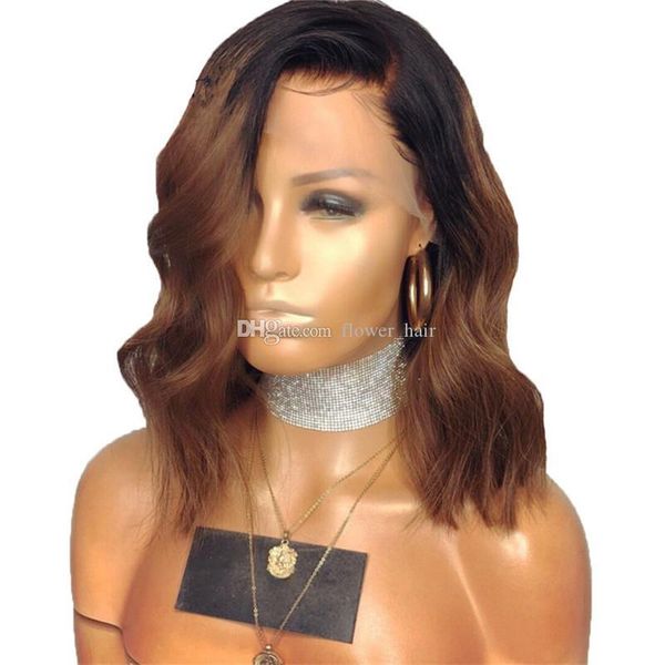 

short bob wavy virgin hair full lace front wig middle part 16inch 1b# 30# ombre blonde brazilian human hair wig with baby hair, Black;brown