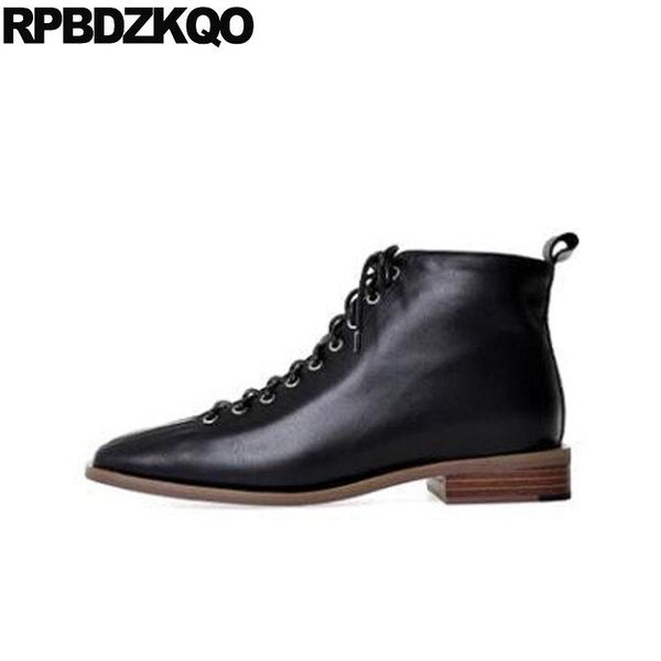 

flat size 34 black fur women square toe booties combat front lace up casual ankle boots autumn 2020 british short shoes