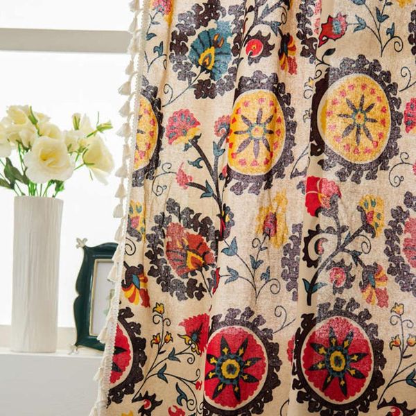 

curtain & drapes floral printed bedroom window living room home decor soft shading cotton linen el darkening with tassels panel