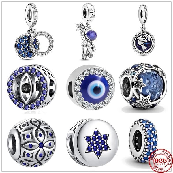 Brand New 925 Sterling Silver Blue Shiny Star Devil's Eye Zirconia Pingente Pedentes Adequado para Pandora Pulseira Jóias Fazendo