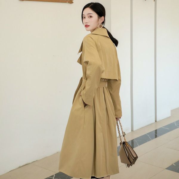 

2021 new autumn women's clothes 20casual solid khaki trench coat with pocket bands oversize vintage jacket jackets b3be, Tan;black