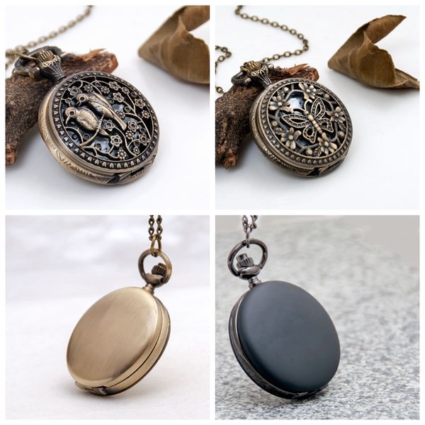 

new mid-size bronze glossy pocket watch 40mm necklace butterfly bird retro jewelry wholesale korean edition sweater chain fashion watch, Slivery;golden