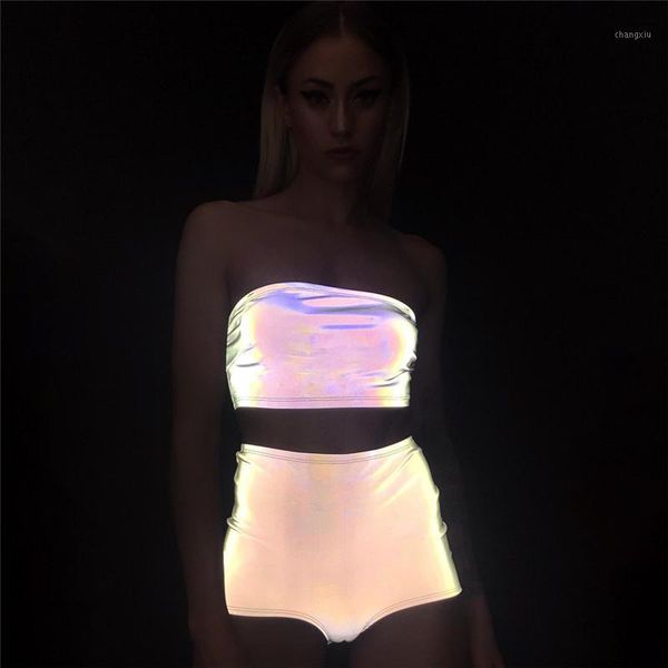 

reflective two 2 piece sets women strapless low neckline backless crop skinny shorts fashion streetwear 2 pcs outfits1, Gray