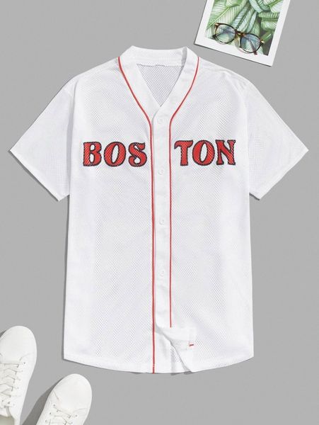 

men letter graphic contrast piping mesh shirt c8sn#, White;black