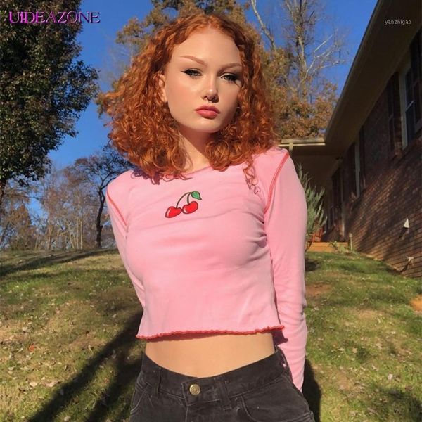

cherry embroidered women tee- o-neck long sleeve ruffle sweet t-shirts sweet sping outwear girls female fashion1, White