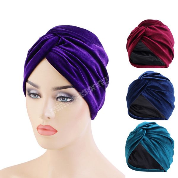 Muçulmano Veludo Twist Turbante Chapéu Duplo Deck Silking Stretch Stretch Headwear para Mulheres Chapéu Étnico Chapéu De Cabelo Chemo Cap