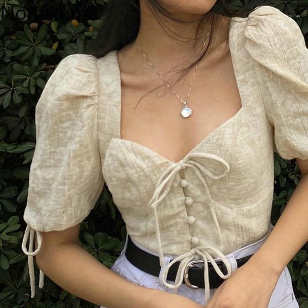 

nomikuma korean style solid color puff sleeve blouse women square collar vintage shirts female 2020 summer elegant blusas 3b1541, White