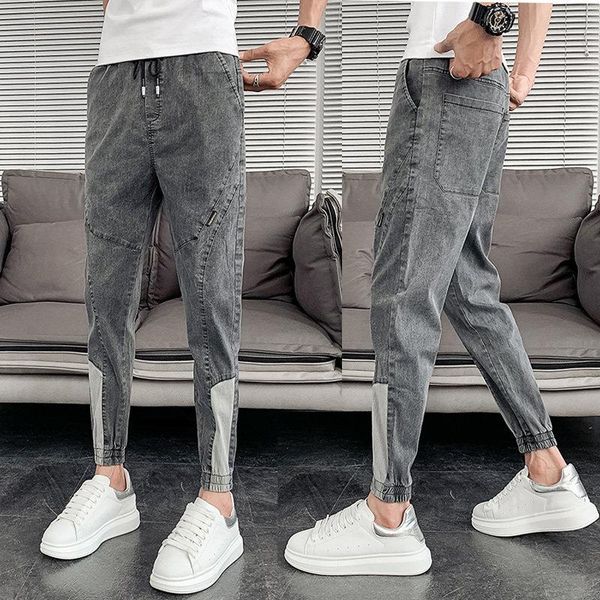 

handsome 2021 fashion men's trousers ankle length pants slim thin jeans trendy brand spirit guy elastic korean grey casual pants, Blue