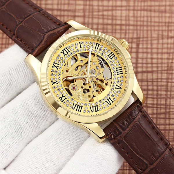 

fashion mens watches diamond mechanical automatic leather strap gold watch for men boy male gift wristwatch clock, Slivery;brown