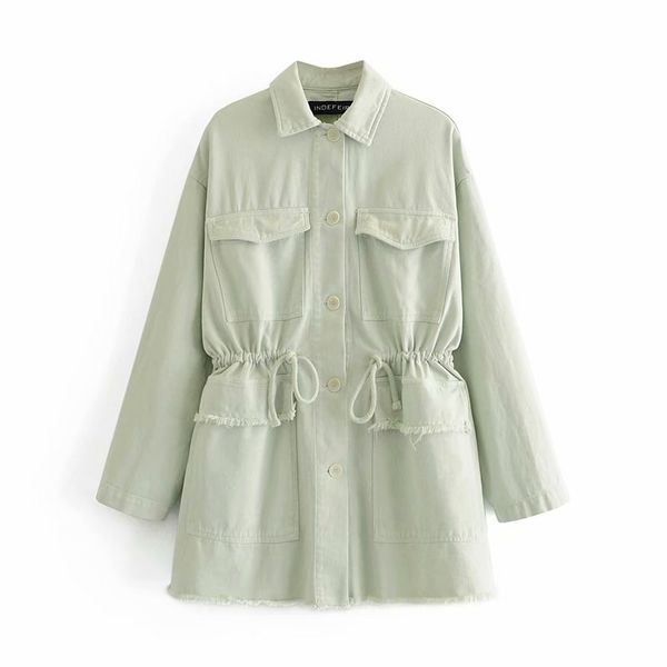 

2021 New Streetwear Feminine Turn Down Collar Jacket Fashion Ladies Green Cordon Outerwear Chic Woman's Waist Loose Tops TWP7, Black