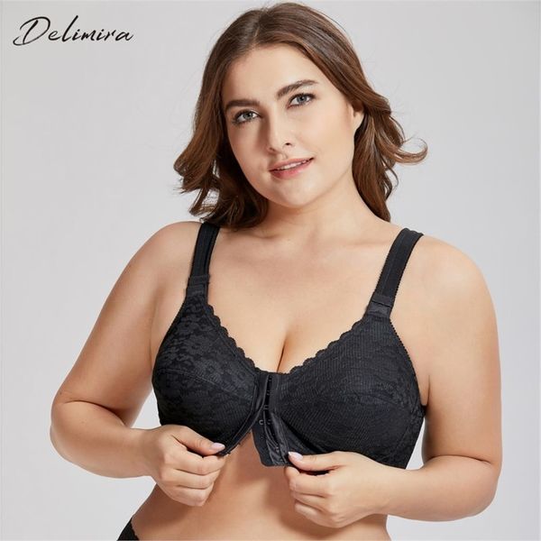

delimira women's full coverage posture corrector front closure wireless back support lace plus size bra y200415, Red;black